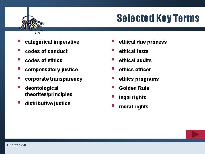 Selected Key Terms § § § § categorical imperative codes of conduct codes of