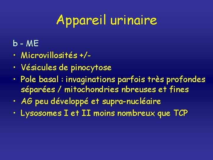 Appareil urinaire b - ME • Microvillosités +/ • Vésicules de pinocytose • Pole