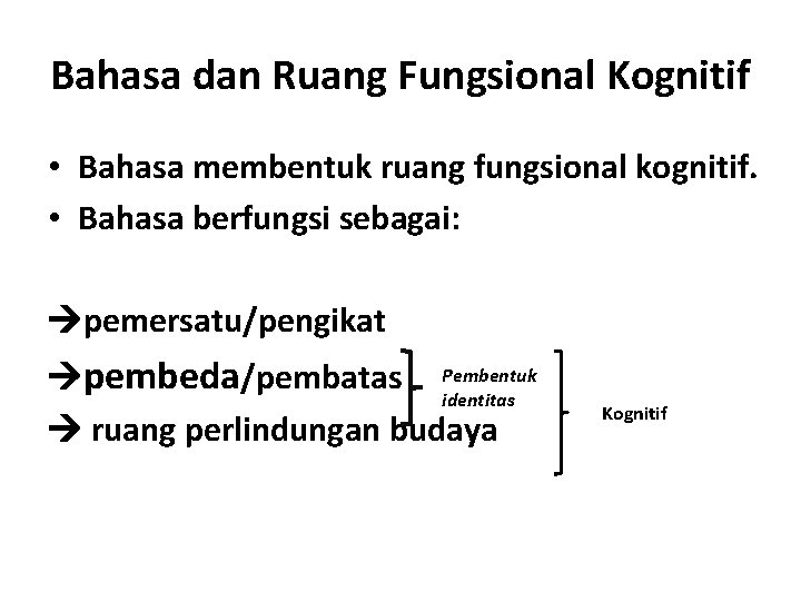 Bahasa dan Ruang Fungsional Kognitif • Bahasa membentuk ruang fungsional kognitif. • Bahasa berfungsi