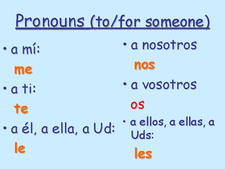 Pronouns (to/for someone) • a mí: me • a ti: te • a él,