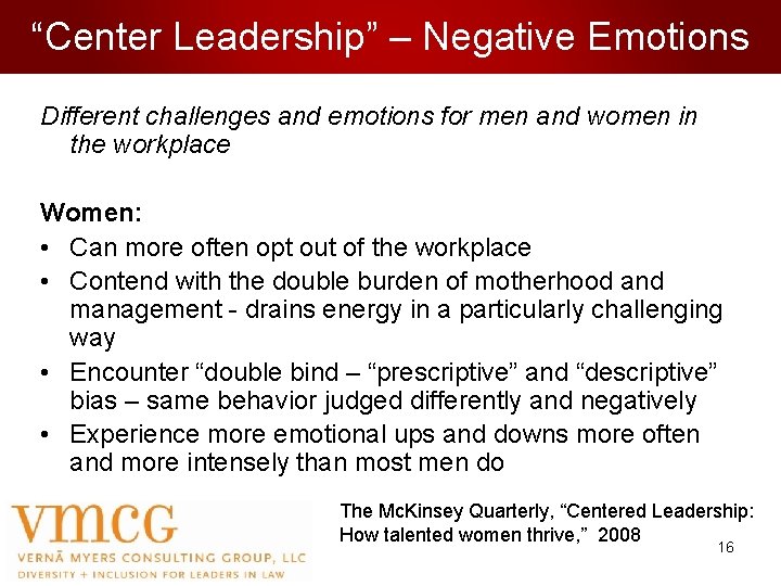 “Center Leadership” – Negative Emotions Different challenges and emotions for men and women in