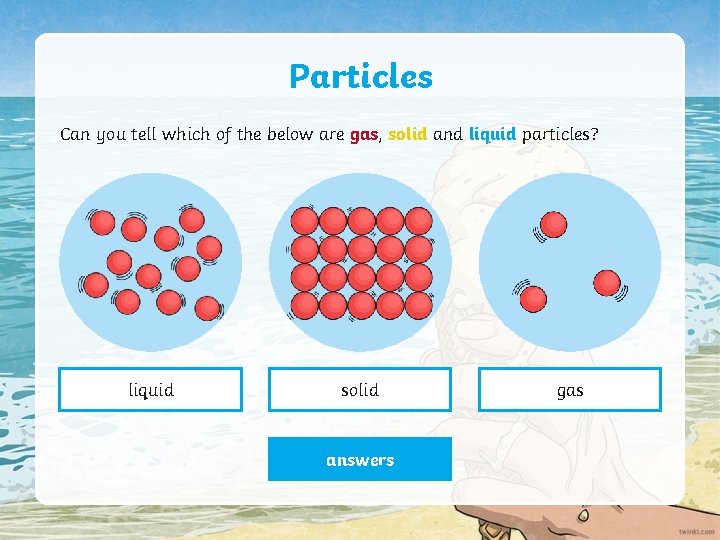 Particles Can you tell which of the below are gas, solid and liquid particles?