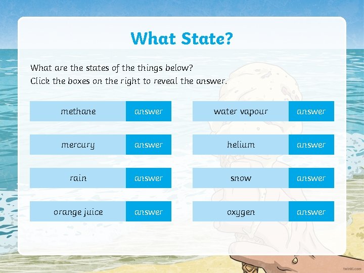 What State? What are the states of the things below? Click the boxes on