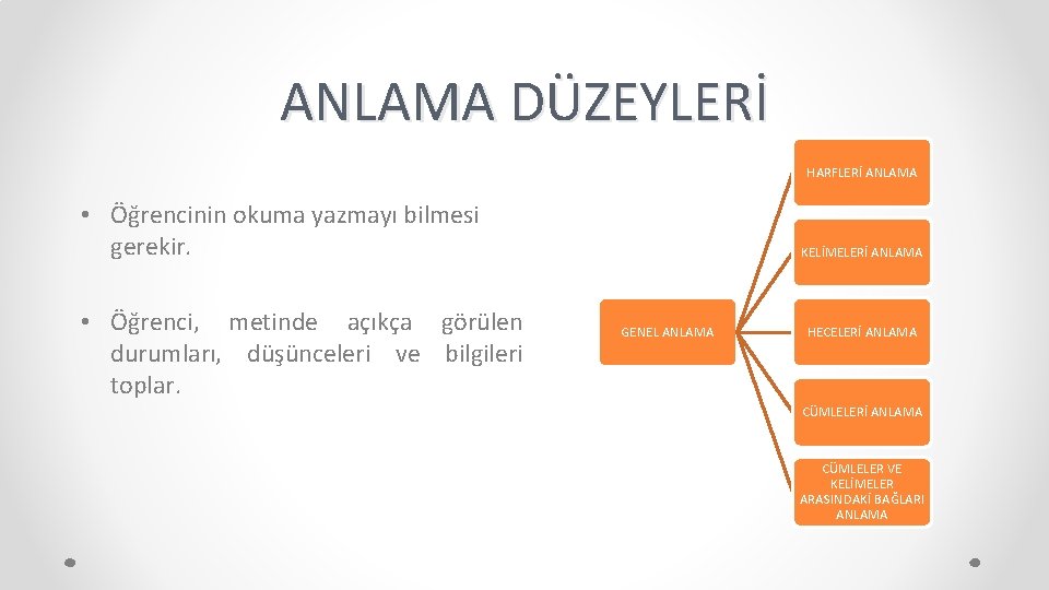 ANLAMA DÜZEYLERİ HARFLERİ ANLAMA • Öğrencinin okuma yazmayı bilmesi gerekir. • Öğrenci, metinde açıkça