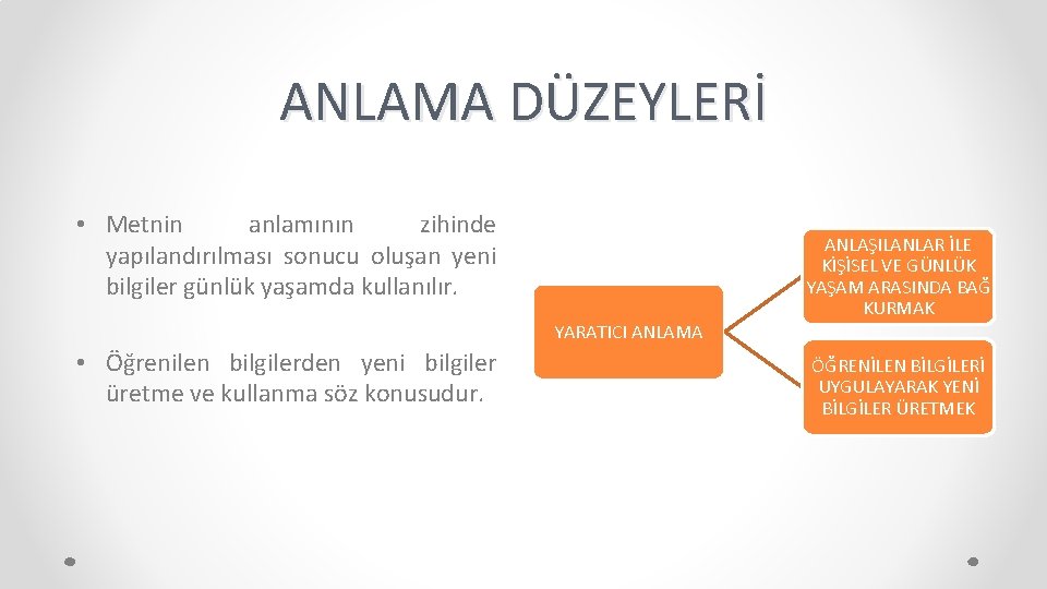 ANLAMA DÜZEYLERİ • Metnin anlamının zihinde yapılandırılması sonucu oluşan yeni bilgiler günlük yaşamda kullanılır.