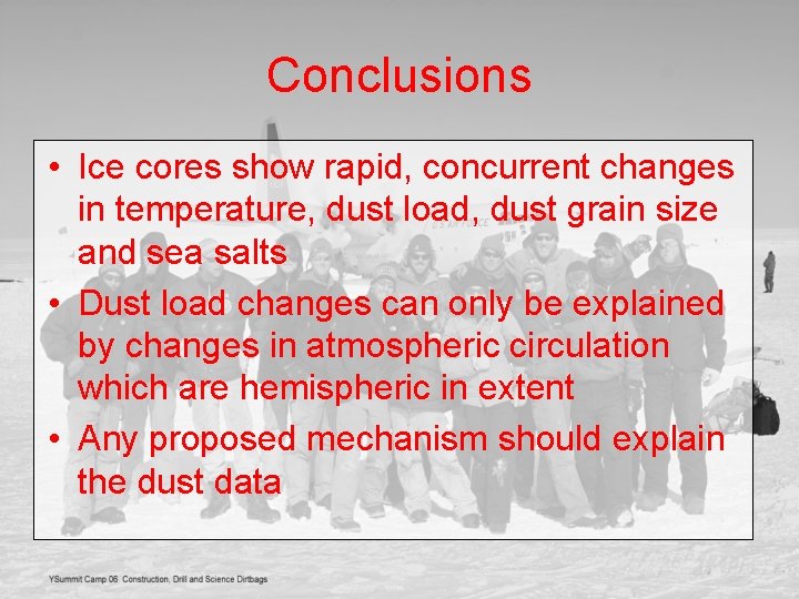 Conclusions • Ice cores show rapid, concurrent changes in temperature, dust load, dust grain
