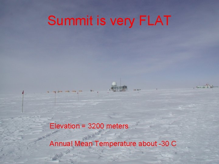 Summit is very FLAT Elevation = 3200 meters Annual Mean Temperature about -30 C