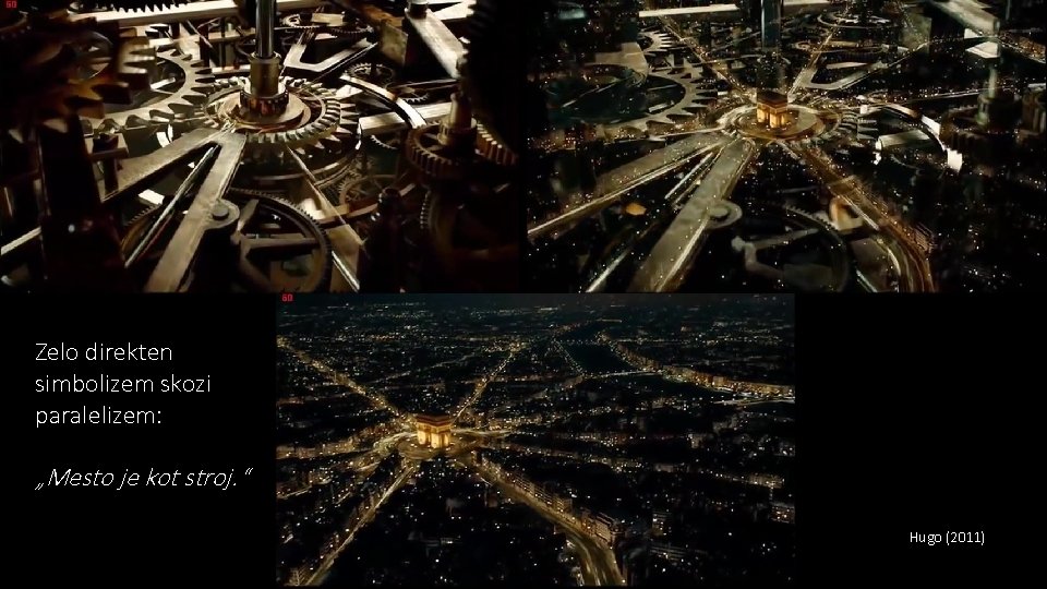 Zelo direkten simbolizem skozi paralelizem: „Mesto je kot stroj. “ Hugo (2011) 