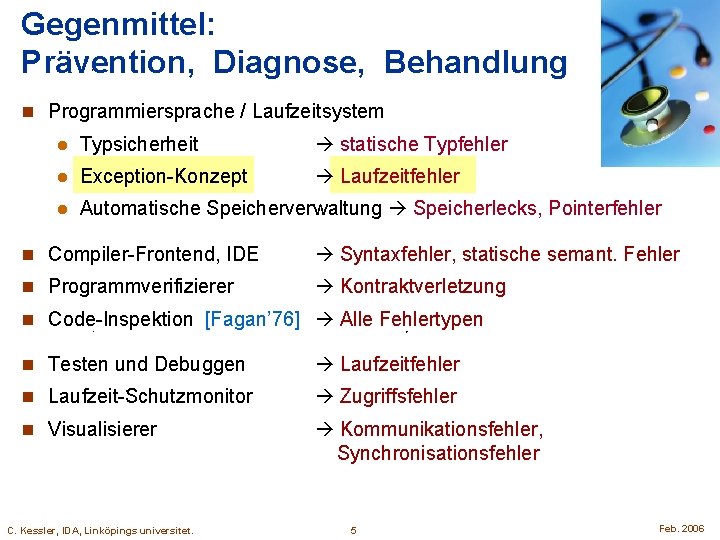 Gegenmittel: Prävention, Diagnose, Behandlung n Programmiersprache / Laufzeitsystem l Typsicherheit statische Typfehler l Exception-Konzept