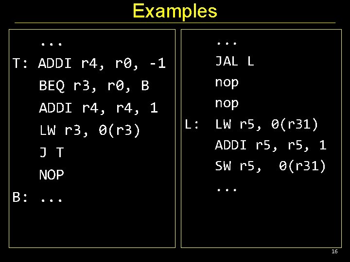 Examples. . . T: ADDI r 4, r 0, -1 BEQ r 3, r