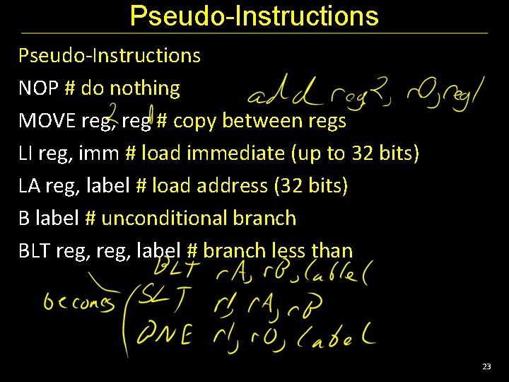 Pseudo-Instructions NOP # do nothing MOVE reg, reg # copy between regs LI reg,