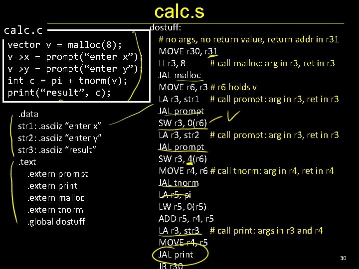 calc. s dostuff: # no args, no return value, return addr in r 31