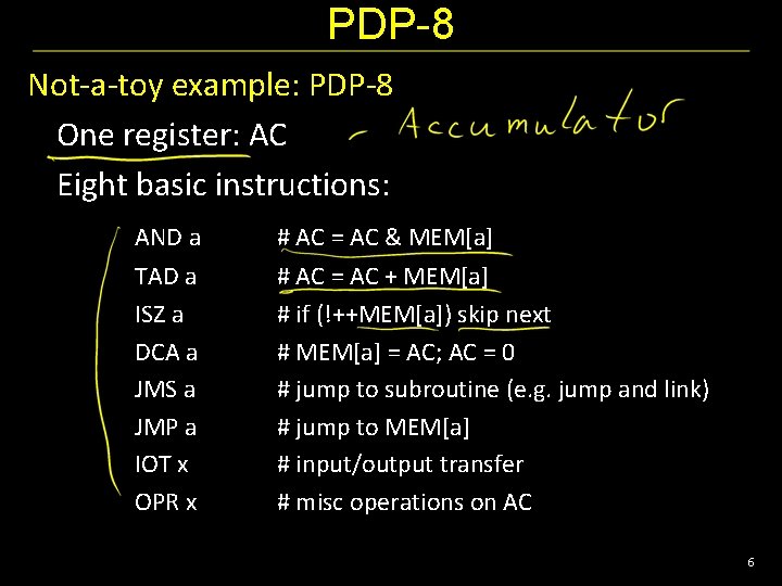 PDP-8 Not-a-toy example: PDP-8 One register: AC Eight basic instructions: AND a # AC