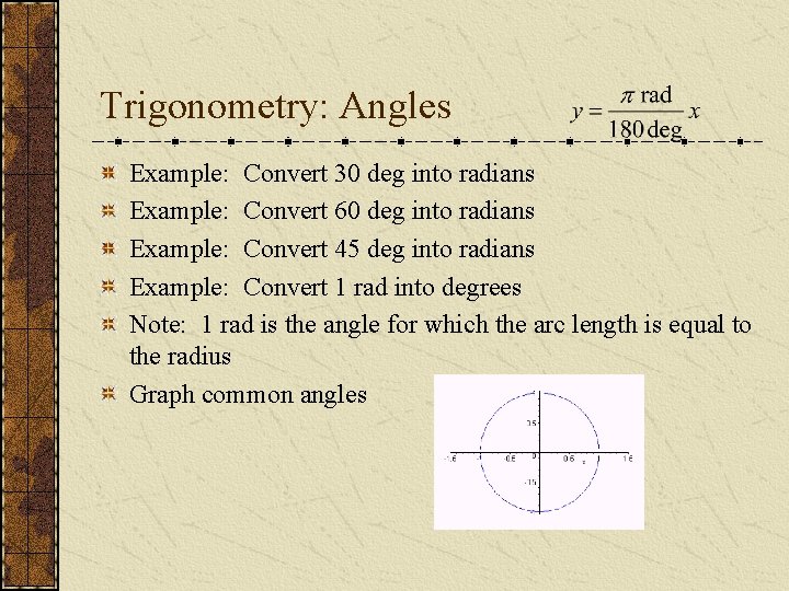 Trigonometry: Angles Example: Convert 30 deg into radians Example: Convert 60 deg into radians