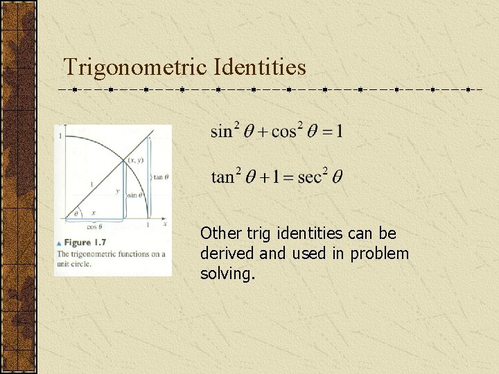 Trigonometric Identities Other trig identities can be derived and used in problem solving. 
