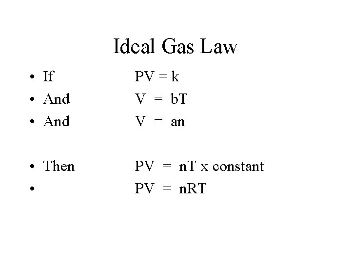 Ideal Gas Law • If • And PV = k V = b. T