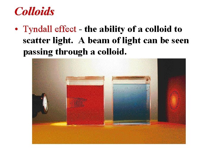 Colloids • Tyndall effect - the ability of a colloid to scatter light. A