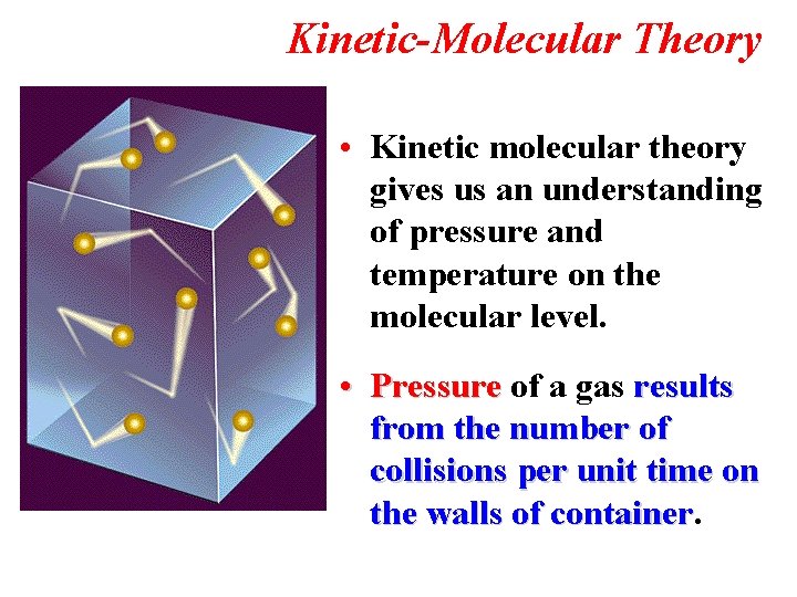 Kinetic-Molecular Theory • Kinetic molecular theory gives us an understanding of pressure and temperature