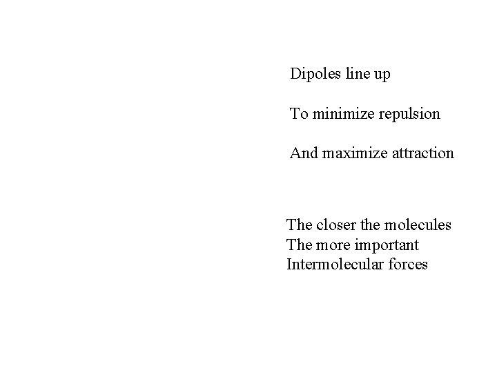 Dipoles line up To minimize repulsion And maximize attraction The closer the molecules The