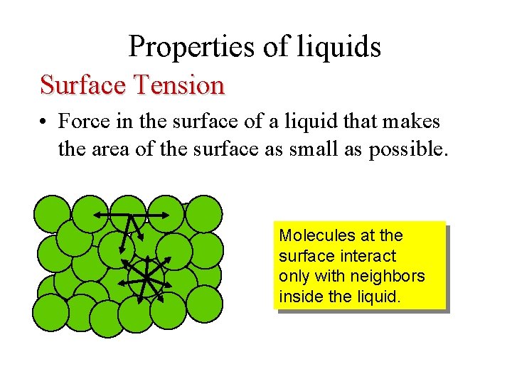 Properties of liquids Surface Tension • Force in the surface of a liquid that