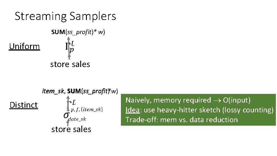 Streaming Samplers SUM(ss_profit)* w) SUM(ss_profit Uniform store sales item_sk, SUM(ss_profit) SUM(ss_profit*w) Distinct store sales