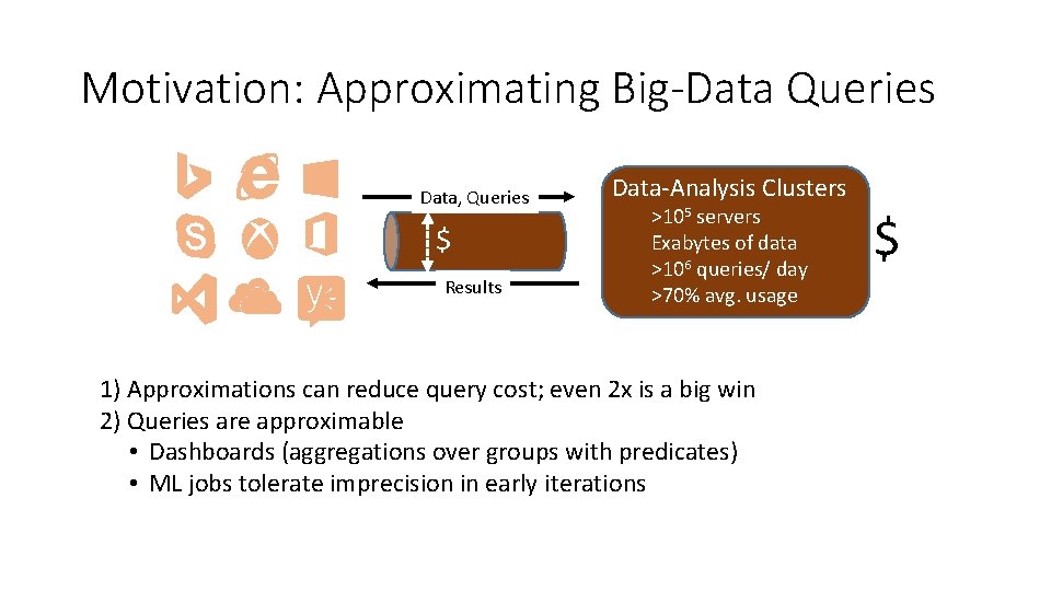 Motivation: Approximating Big-Data Queries Data, Queries $ Results Data-Analysis Clusters >105 servers Exabytes of