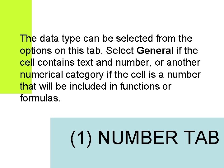 The data type can be selected from the options on this tab. Select General The data type can be selected from the options on this tab. Select General