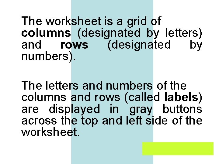 The worksheet is a grid of columns (designated by letters) and rows (designated by