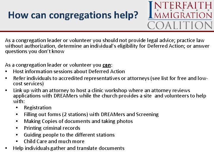 How can congregations help? As a congregation leader or volunteer you should not provide