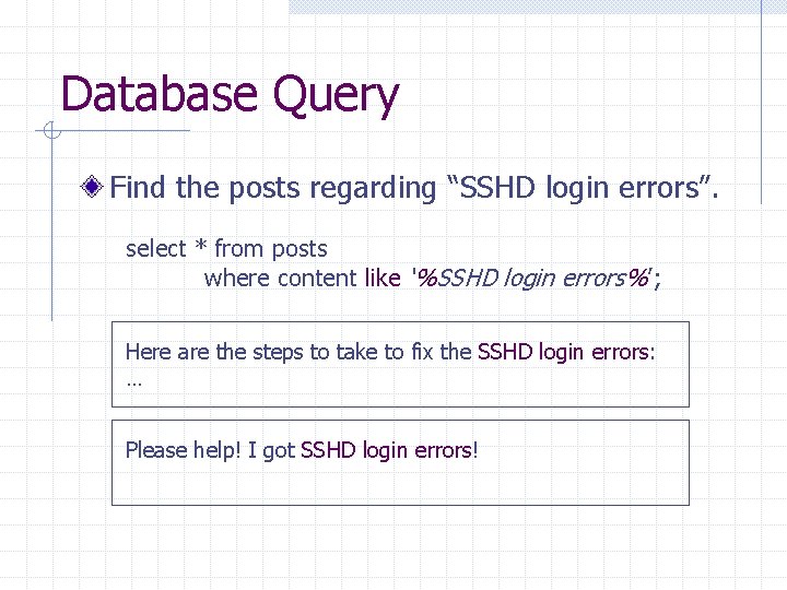 Database Query Find the posts regarding “SSHD login errors”. select * from posts where