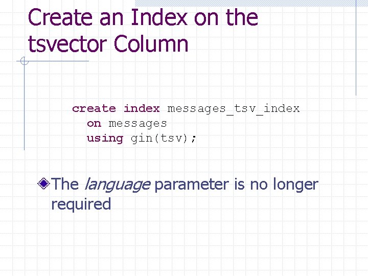 Create an Index on the tsvector Column create index messages_tsv_index on messages using gin(tsv);
