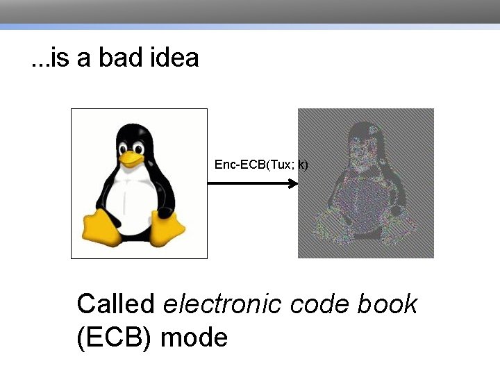 . . . is a bad idea Enc-ECB(Tux; k) Called electronic code book (ECB)