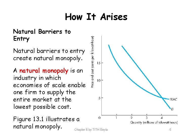 How It Arises Natural Barriers to Entry Natural barriers to entry create natural monopoly.