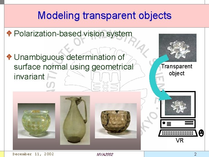 Modeling transparent objects W Polarization-based vision system W Unambiguous determination of surface normal using