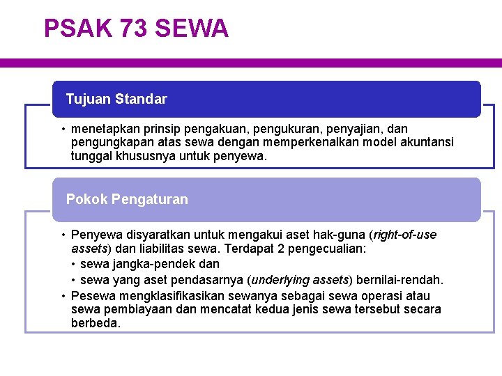 PSAK 73 SEWA Tujuan Standar • menetapkan prinsip pengakuan, pengukuran, penyajian, dan pengungkapan atas