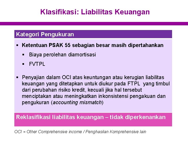 Klasifikasi: Liabilitas Keuangan Kategori Pengukuran § Ketentuan PSAK 55 sebagian besar masih dipertahankan §