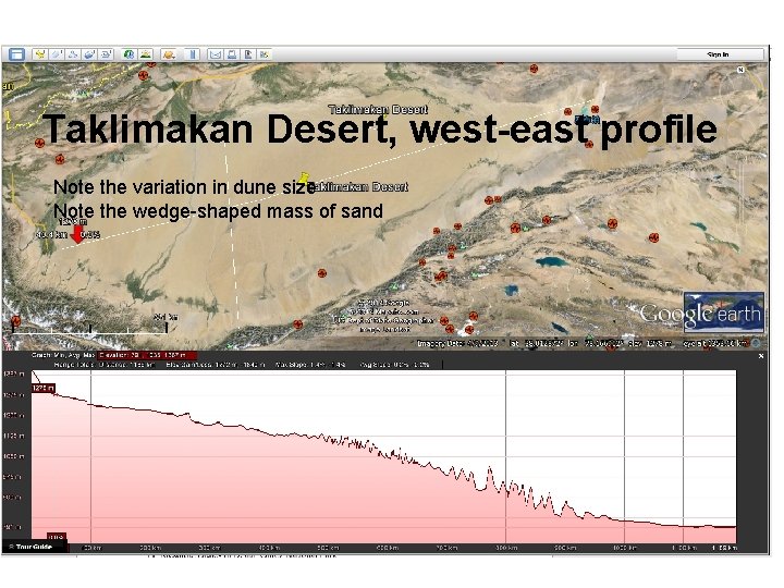 Taklimakan Desert, west-east profile Note the variation in dune size Note the wedge-shaped mass
