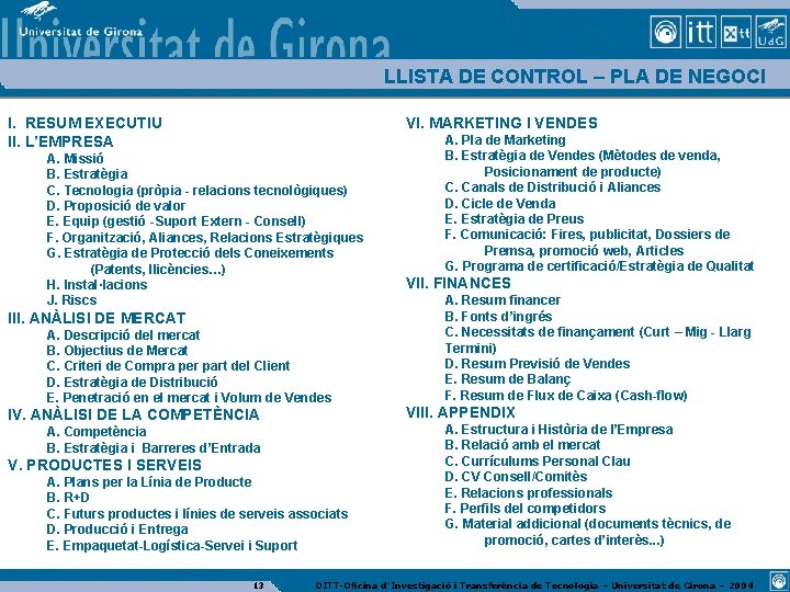 LLISTA DE CONTROL – PLA DE NEGOCI I. RESUM EXECUTIU II. L’EMPRESA VI. MARKETING