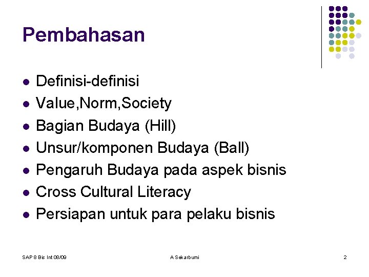Pembahasan l l l l Definisi-definisi Value, Norm, Society Bagian Budaya (Hill) Unsur/komponen Budaya