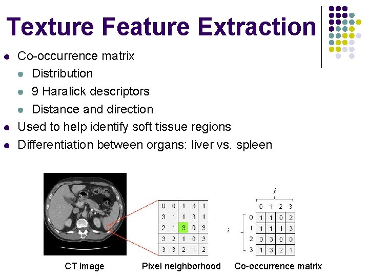 Texture Feature Extraction l l l Co-occurrence matrix l Distribution l 9 Haralick descriptors
