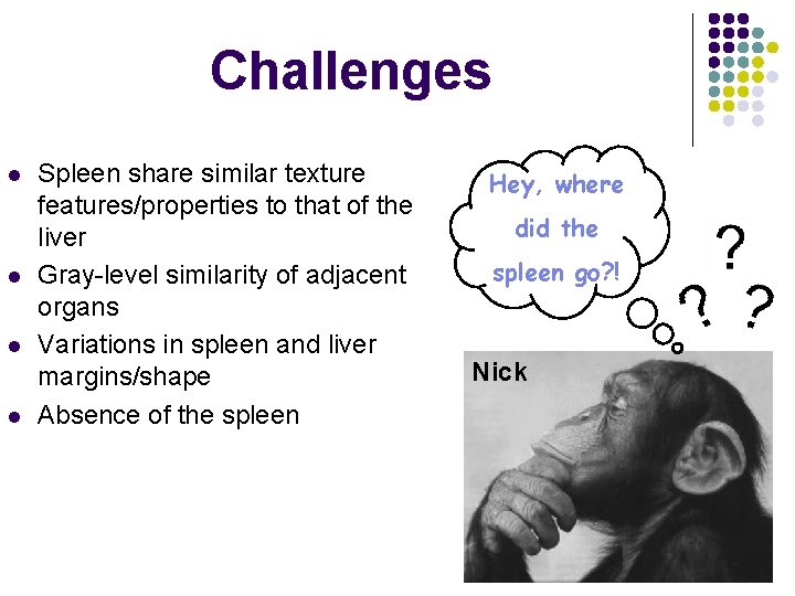 Challenges l l Spleen share similar texture features/properties to that of the liver Gray-level