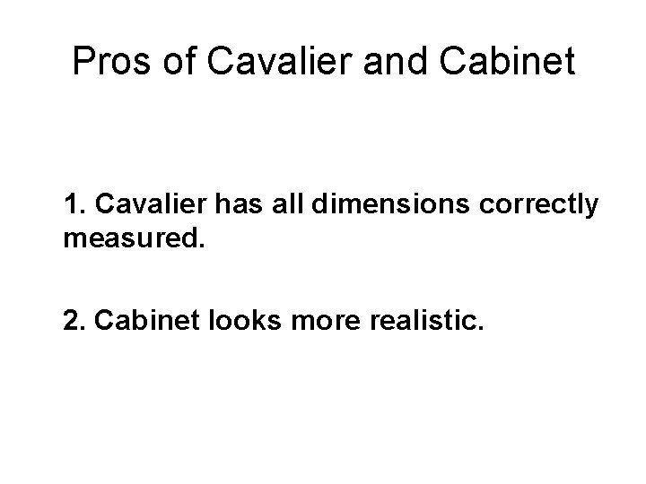 Pros of Cavalier and Cabinet 1. Cavalier has all dimensions correctly measured. 2. Cabinet