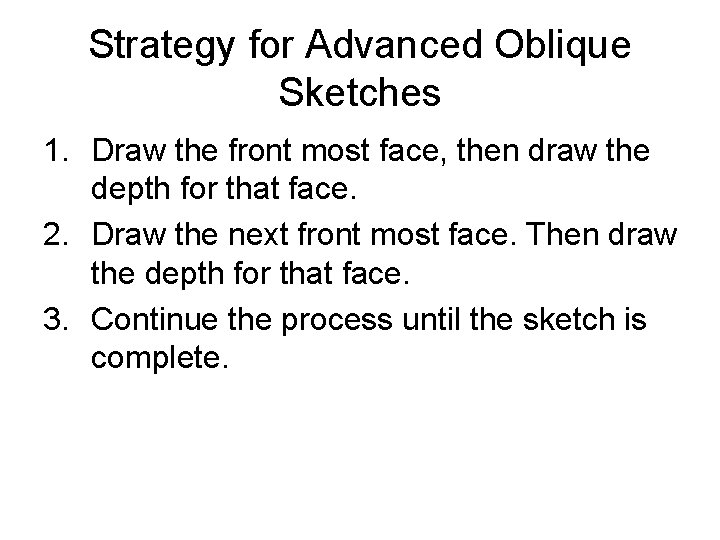 Strategy for Advanced Oblique Sketches 1. Draw the front most face, then draw the