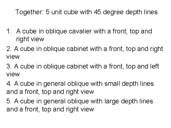 Together: 5 unit cube with 45 degree depth lines 1. A cube in oblique