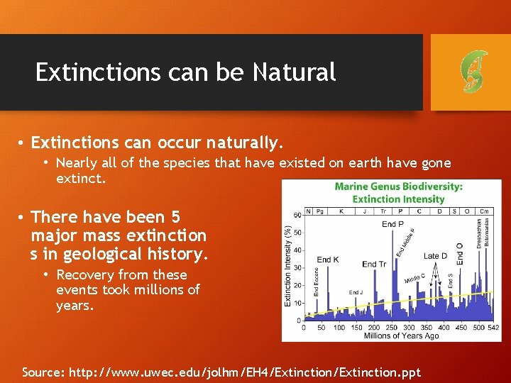 Extinctions can be Natural • Extinctions can occur naturally. • Nearly all of the