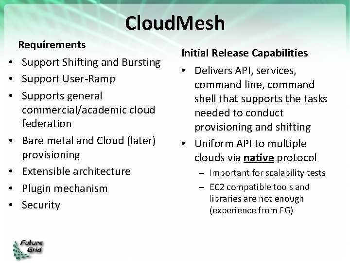 Cloud. Mesh • • Requirements Support Shifting and Bursting Support User-Ramp Supports general commercial/academic