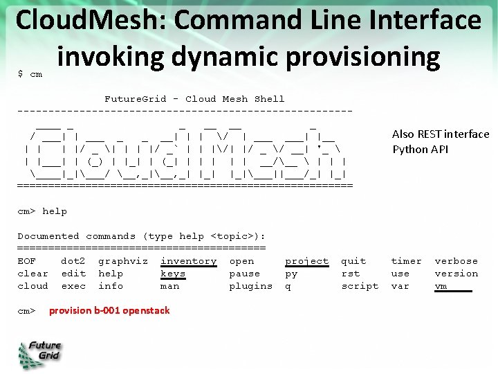 Cloud. Mesh: Command Line Interface invoking dynamic provisioning $ cm Future. Grid - Cloud