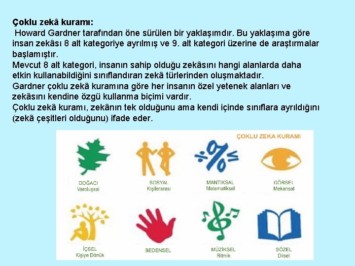 Çoklu zekâ kuramı: Howard Gardner tarafından öne sürülen bir yaklaşımdır. Bu yaklaşıma göre insan