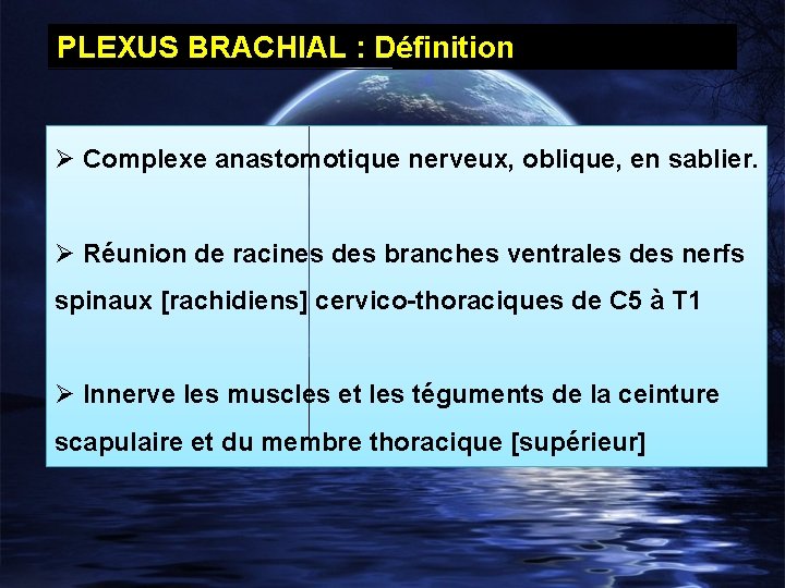 PLEXUS BRACHIAL : Définition Ø Complexe anastomotique nerveux, oblique, en sablier. Ø Réunion de