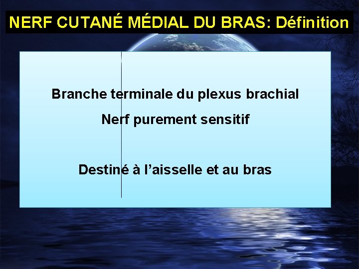 NERF CUTANÉ MÉDIAL DU BRAS: Définition Branche terminale du plexus brachial Nerf purement sensitif
